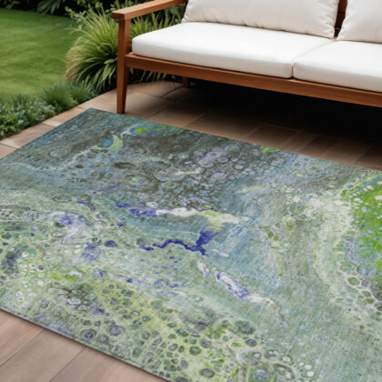 10' X 14' Green And Lime Green Abstract Washable Indoor Outdoor Area Rug