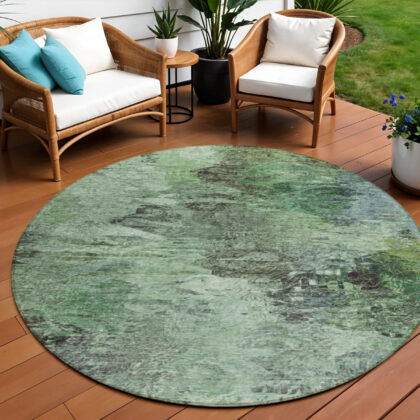 8' Green And Brown Round Abstract Washable Indoor Outdoor Area Rug