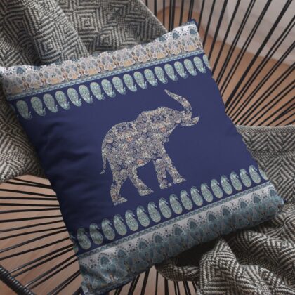 18” Navy Ornate Elephant Zippered Suede Throw Pillow