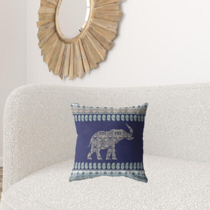 18” Navy Ornate Elephant Zippered Suede Throw Pillow