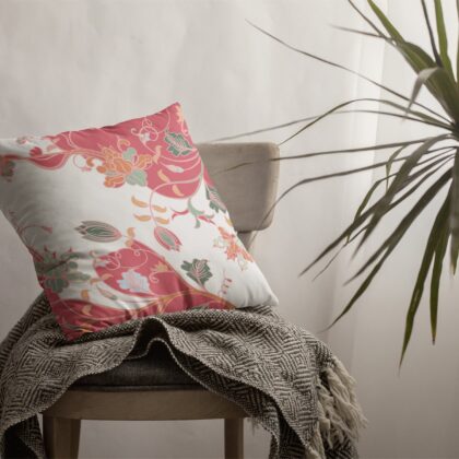 16" Red White Garden Zippered Suede Throw Pillow
