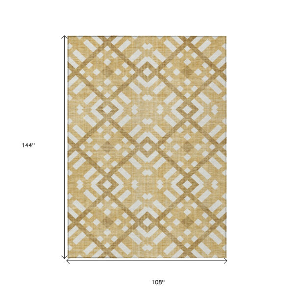 9' X 12' Gold Beige And Tan Geometric Washable Indoor Outdoor Area Rug