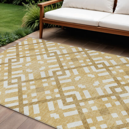 9' X 12' Gold Beige And Tan Geometric Washable Indoor Outdoor Area Rug