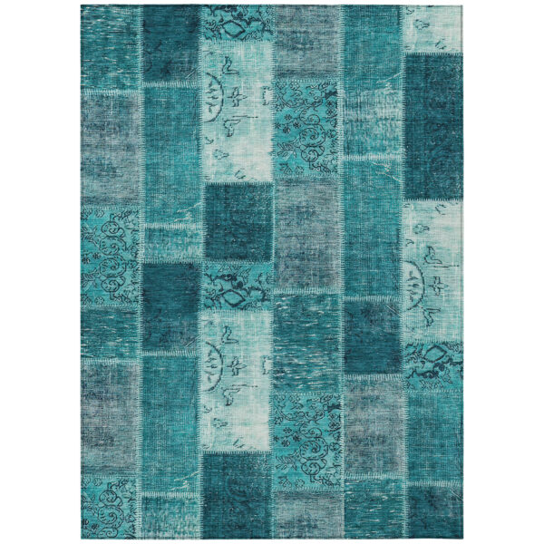 9' X 12' Teal Blue Aqua And Turquoise Patchwork Washable Indoor Outdoor Area Rug