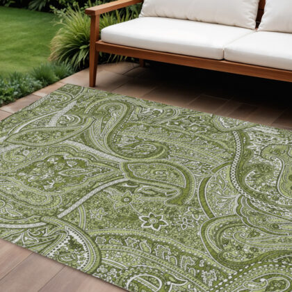 10' X 14' Artichoke Green And Olive Green Paisley Washable Indoor Outdoor Area Rug