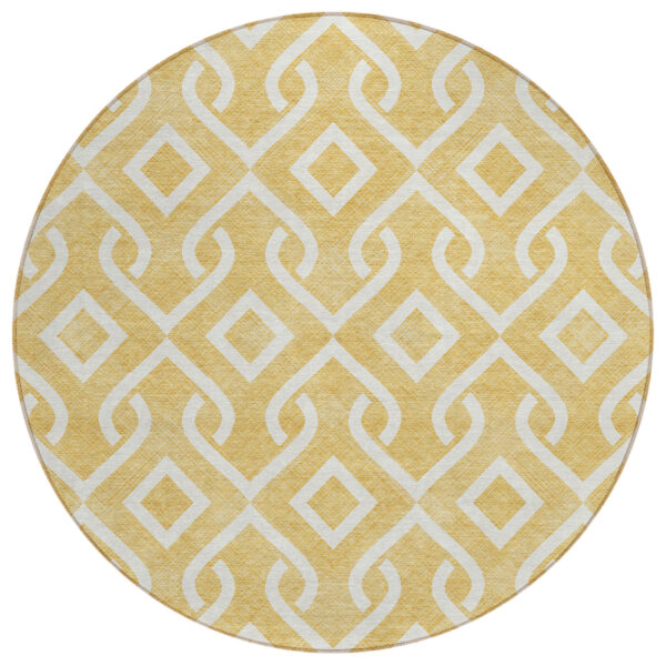8' Gold And Ivory Round Geometric Washable Indoor Outdoor Area Rug