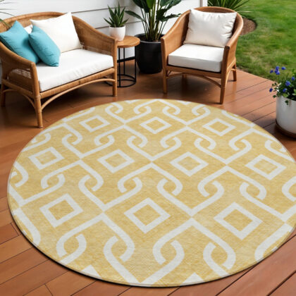 8' Gold And Ivory Round Geometric Washable Indoor Outdoor Area Rug