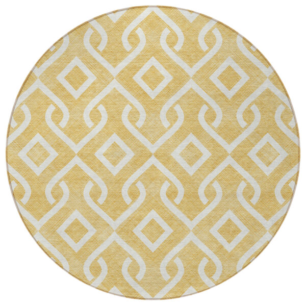 8' Gold And Ivory Round Geometric Washable Indoor Outdoor Area Rug