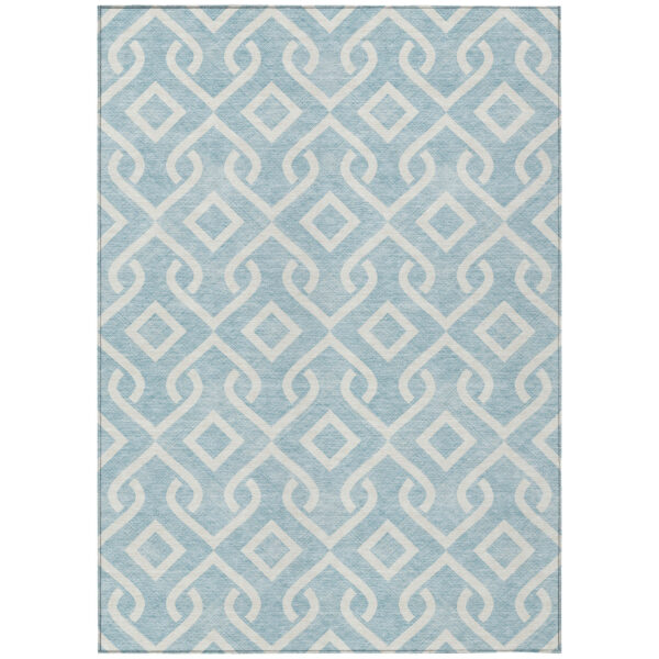 9' X 12' Sky Blue And Ivory Geometric Washable Indoor Outdoor Area Rug