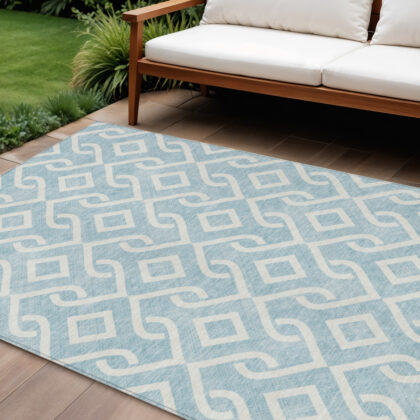 9' X 12' Sky Blue And Ivory Geometric Washable Indoor Outdoor Area Rug