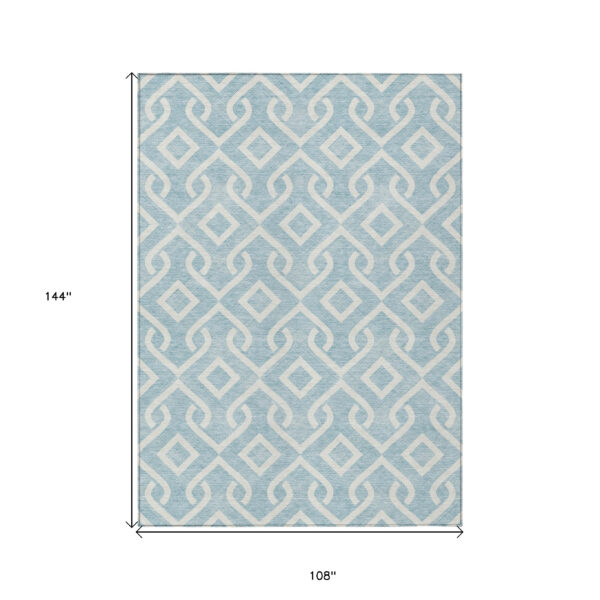9' X 12' Sky Blue And Ivory Geometric Washable Indoor Outdoor Area Rug