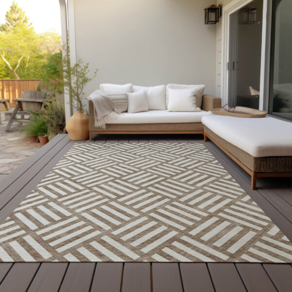 3' X 5' Brown And Ivory Geometric Washable Indoor Outdoor Area Rug