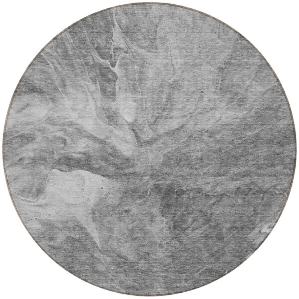 8' Gray Silver And Charcoal Round Abstract Washable Indoor Outdoor Area Rug