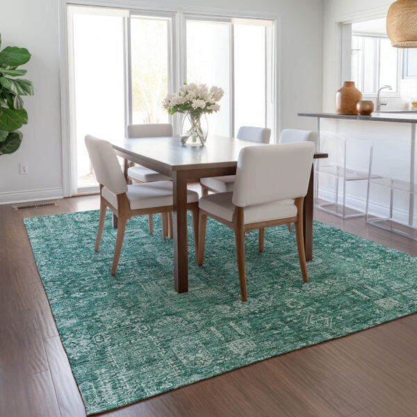 9' X 12' Dark Green And Aqua Oriental Washable Indoor Outdoor Area Rug