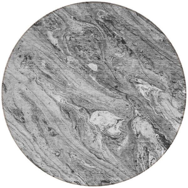 8' Gray Silver And Charcoal Round Abstract Washable Indoor Outdoor Area Rug