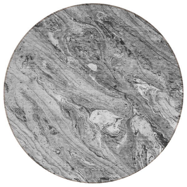8' Gray Silver And Charcoal Round Abstract Washable Indoor Outdoor Area Rug