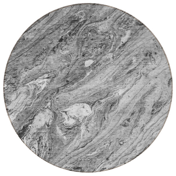 8' Gray Silver And Charcoal Round Abstract Washable Indoor Outdoor Area Rug