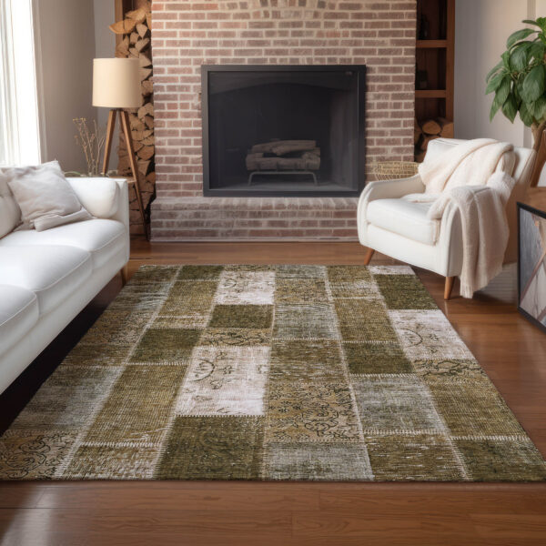 10' X 14' Brown And Ivory Patchwork Washable Indoor Outdoor Area Rug