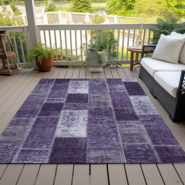10' X 14' Purple Eggplant And Lavender Patchwork Washable Indoor Outdoor Area Rug