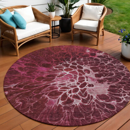 8' Merlot Blush And Gray Round Abstract Washable Indoor Outdoor Area Rug