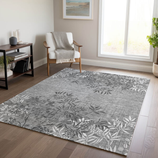 3' X 5' Gray Charcoal And Ivory Floral Washable Indoor Outdoor Area Rug