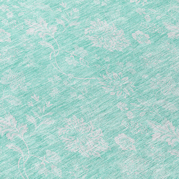 8' Aqua And Ivory Round Floral Washable Indoor Outdoor Area Rug