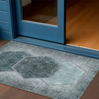 3' X 5' Teal Blue Aqua And Ivory Geometric Washable Indoor Outdoor Area Rug
