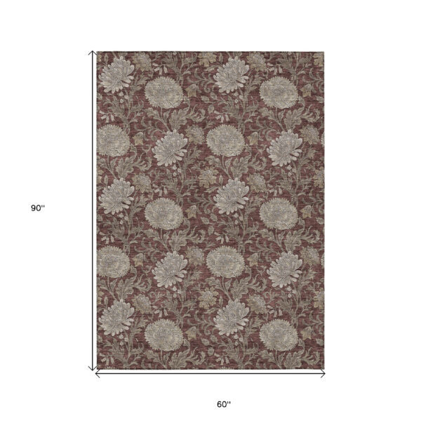 5' X 8' Merlot Taupe And Beige Floral Washable Indoor Outdoor Area Rug