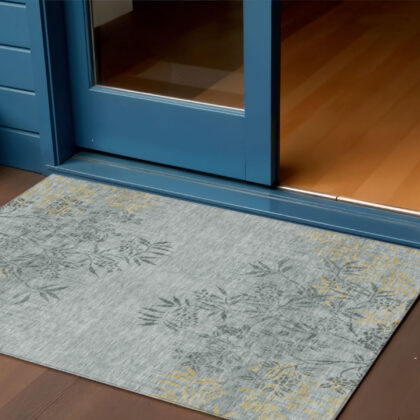 3' X 5' Gray Charcoal And Gold Floral Washable Indoor Outdoor Area Rug