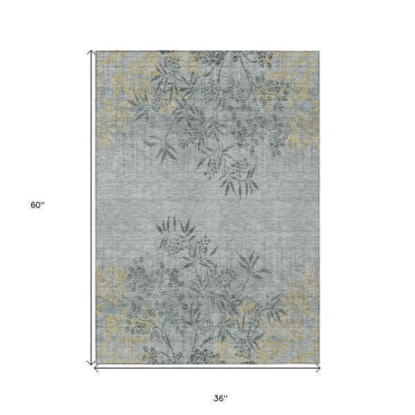 3' X 5' Gray Charcoal And Gold Floral Washable Indoor Outdoor Area Rug