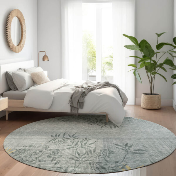 8' Gray Charcoal And Gold Round Floral Washable Indoor Outdoor Area Rug