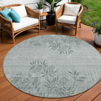 8' Gray Charcoal And Gold Round Floral Washable Indoor Outdoor Area Rug
