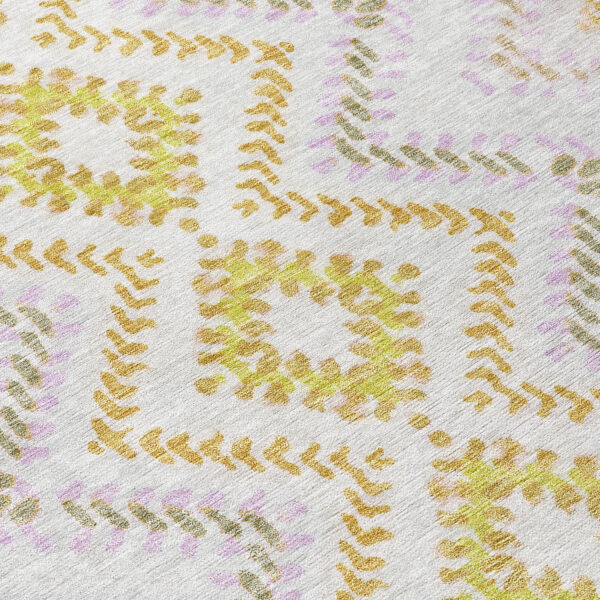 5' X 8' Pearl Ivory And Artichoke Green Geometric Washable Indoor Outdoor Area Rug