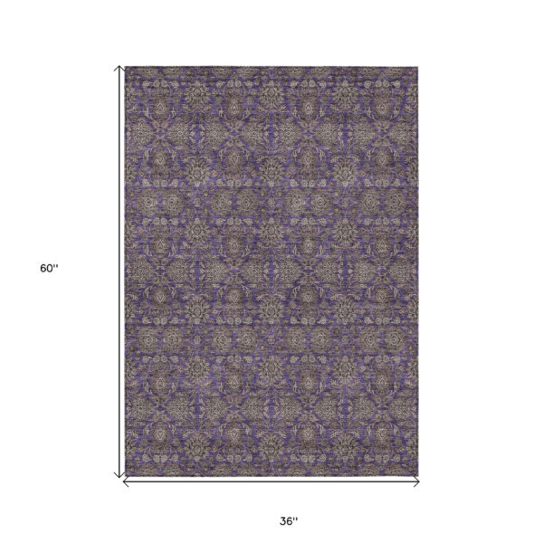 3' X 5' Purple Beige And Taupe Floral Washable Indoor Outdoor Area Rug