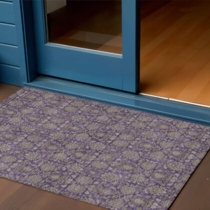3' X 5' Purple Beige And Taupe Floral Washable Indoor Outdoor Area Rug