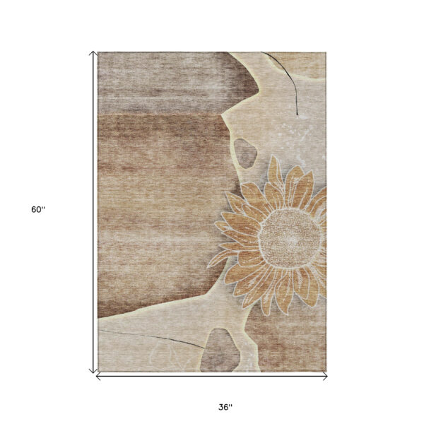 3' X 5' Brown Beige And Taupe Floral Washable Indoor Outdoor Area Rug