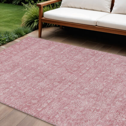 10' X 14' Blush Pink And Ivory Floral Washable Indoor Outdoor Area Rug