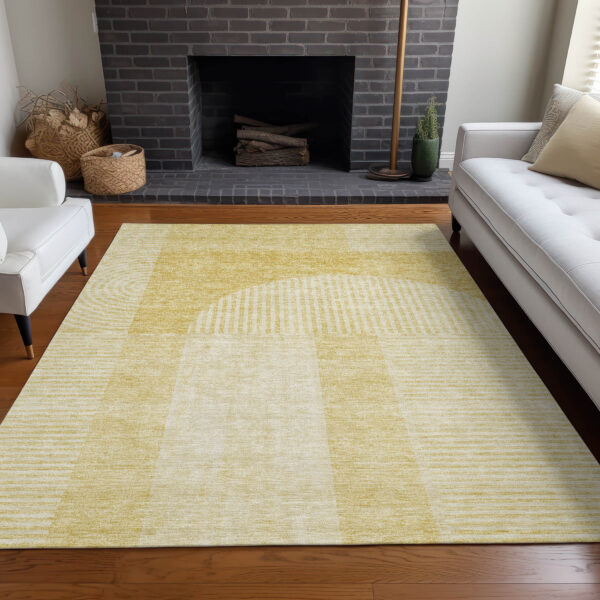 5' X 8' Gold Ivory And Yellow Geometric Washable Indoor Outdoor Area Rug