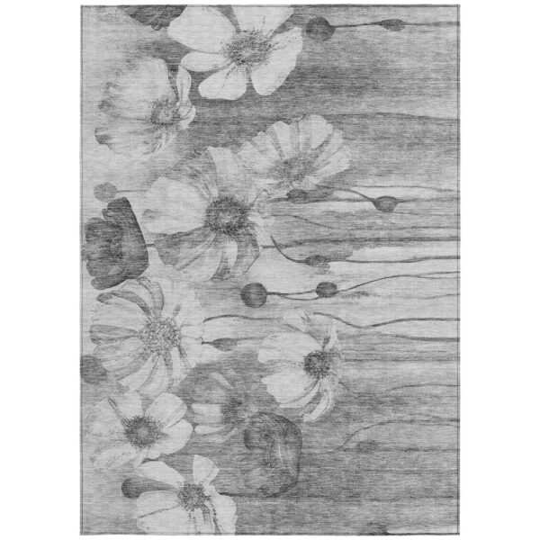 9' X 12' Gray Charcoal And Silver Floral Washable Indoor Outdoor Area Rug