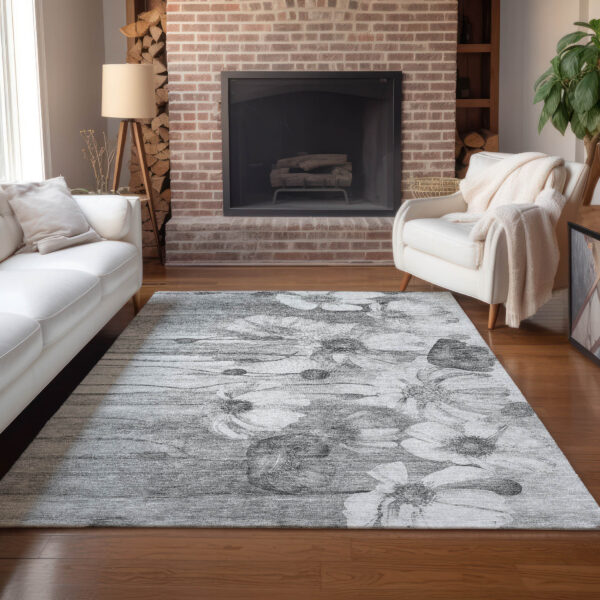 9' X 12' Gray Charcoal And Silver Floral Washable Indoor Outdoor Area Rug