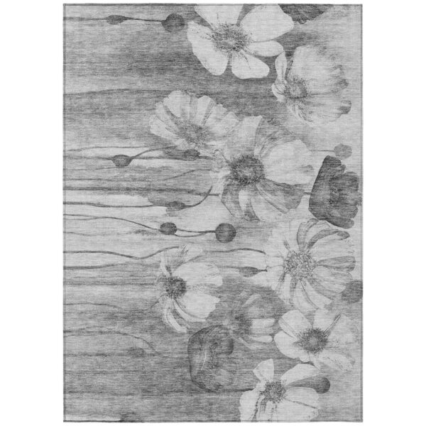 9' X 12' Gray Charcoal And Silver Floral Washable Indoor Outdoor Area Rug