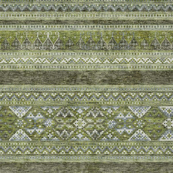10' X 14' Olive Green And Artichoke Green Southwestern Washable Indoor Outdoor Area Rug