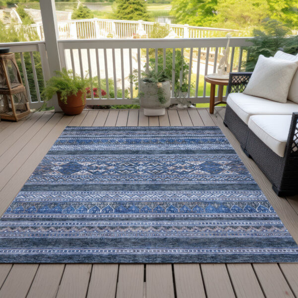9' X 12' Navy Blue And Denim Blue Southwestern Washable Indoor Outdoor Area Rug