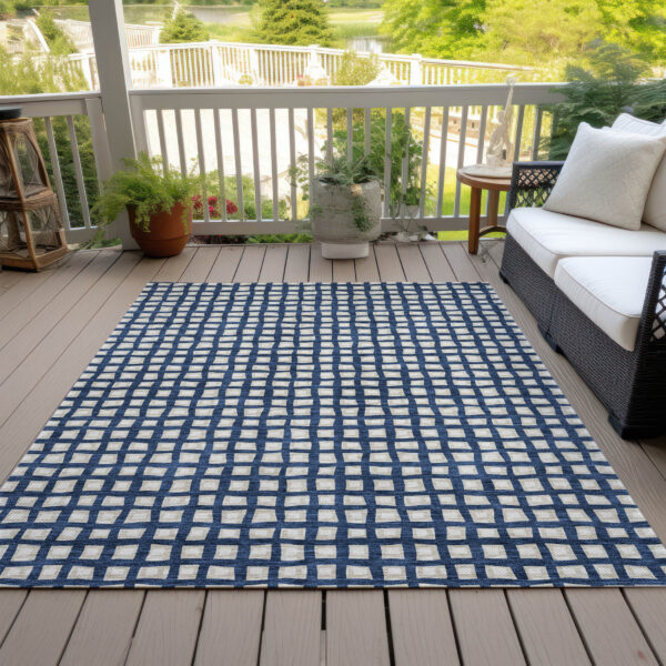 10' X 14' Navy Blue And Ivory Geometric Washable Indoor Outdoor Area Rug
