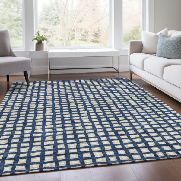 10' X 14' Navy Blue And Ivory Geometric Washable Indoor Outdoor Area Rug