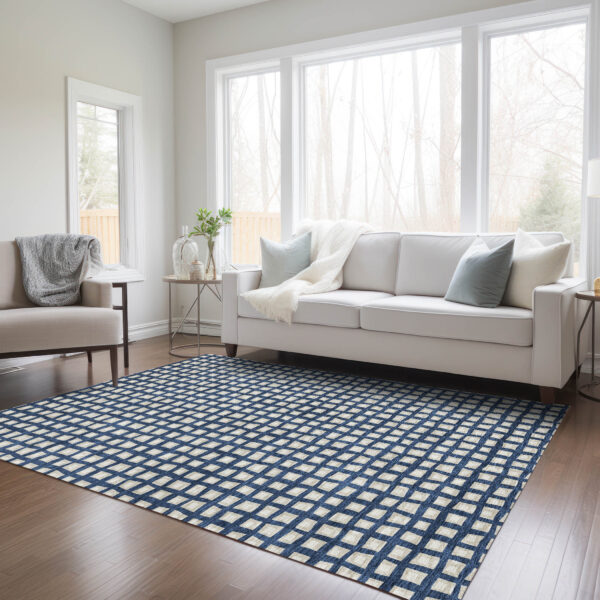 10' X 14' Navy Blue And Ivory Geometric Washable Indoor Outdoor Area Rug