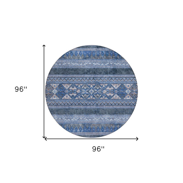 8' Navy Blue And Denim Blue Round Southwestern Washable Indoor Outdoor Area Rug