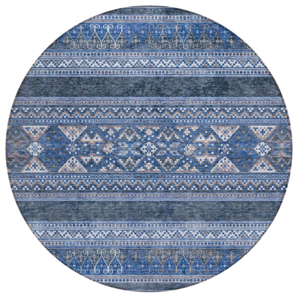 8' Navy Blue And Denim Blue Round Southwestern Washable Indoor Outdoor Area Rug