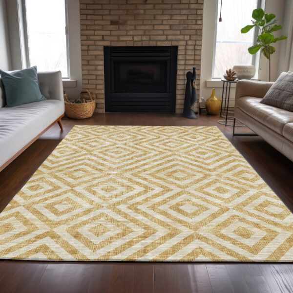 3' X 5' Gold Beige And Ivory Geometric Washable Indoor Outdoor Area Rug