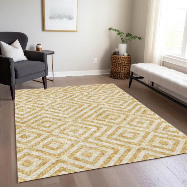 3' X 5' Gold Beige And Ivory Geometric Washable Indoor Outdoor Area Rug